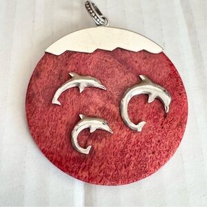 Dolphin Necklace Pendant Red Sponge‎ Coral And Sterling Silver Large Round